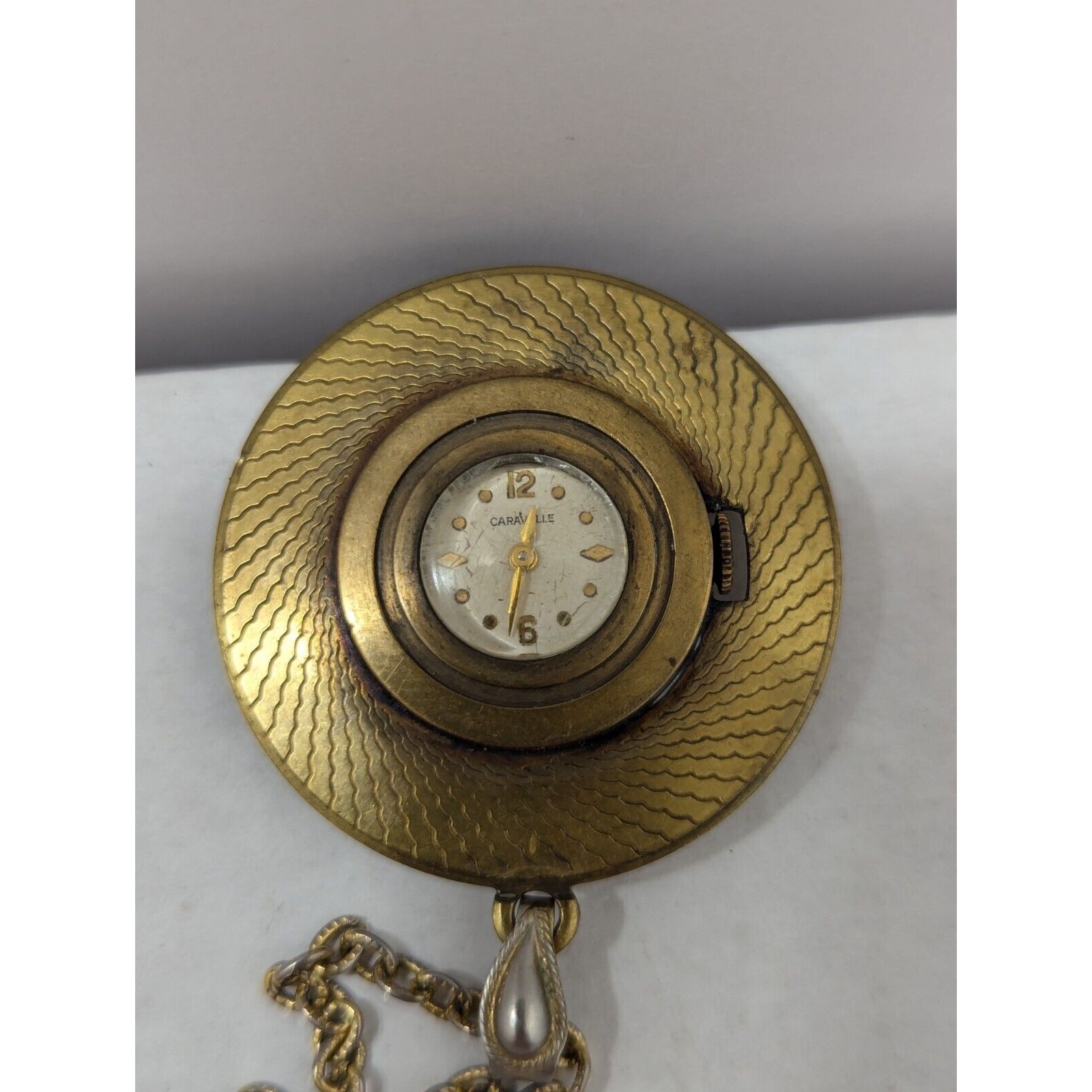 Vintage Caravelle Ladies Mechanical Gold  Black Tone Necklace Watch With Chain